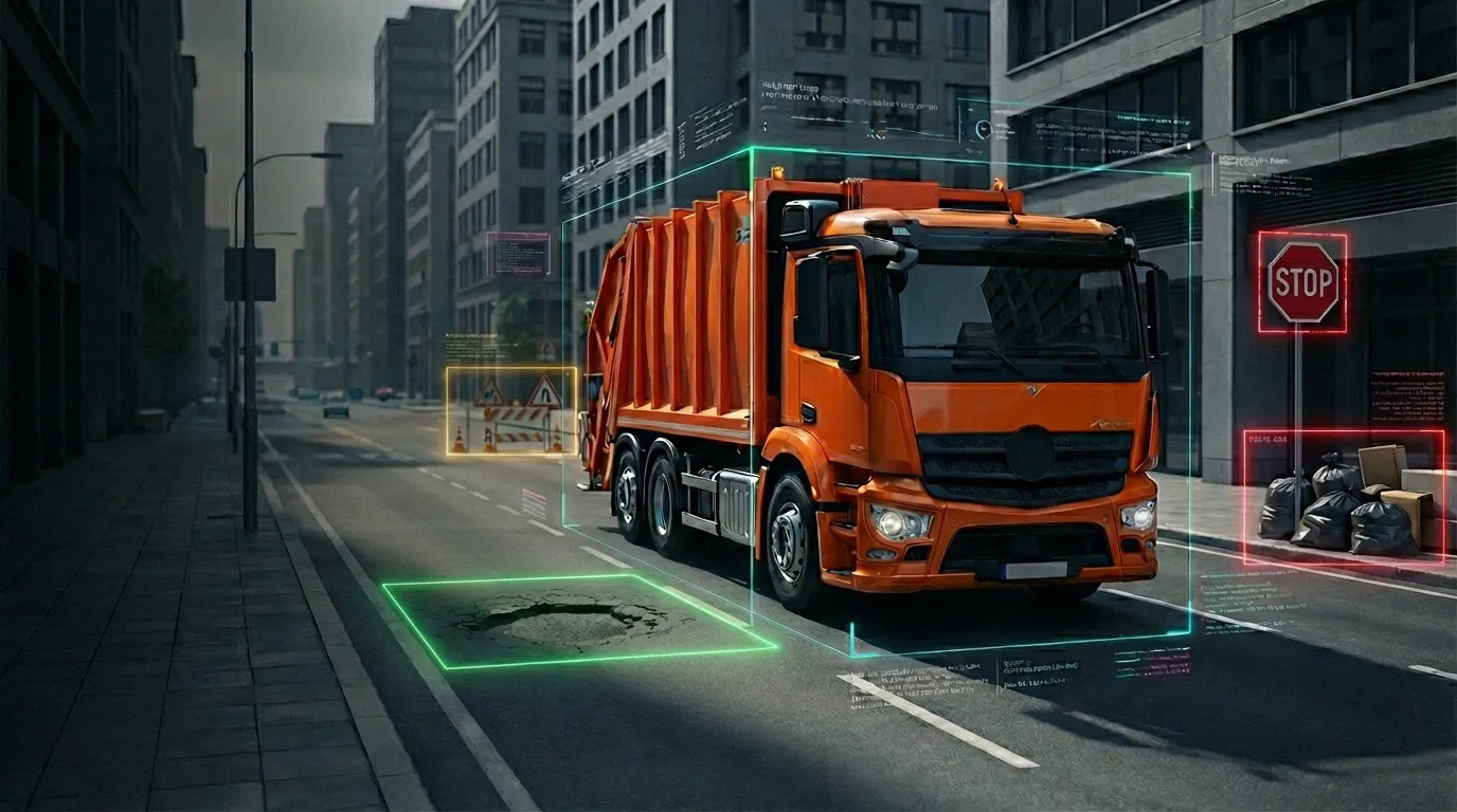 Refuse truck in the city: AI detects road damage, roadworks, traffic signs and illegal dumping