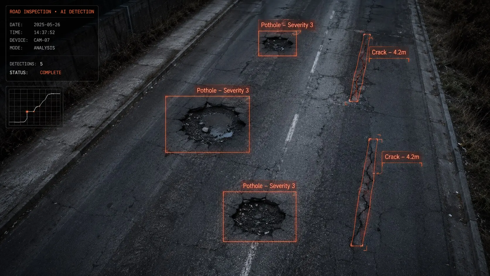 Highlighted road damage in a camera image